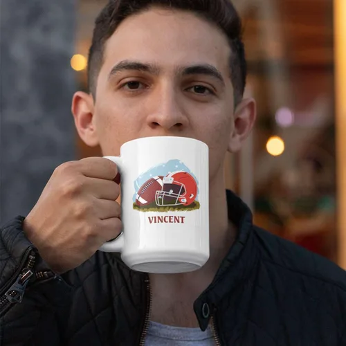 Vista 2 de Tazas personalizadas de gran fútbol americano, Personalizado elegir nombre taza de café de fútbol americano, Taza de té de fútbol personalizado