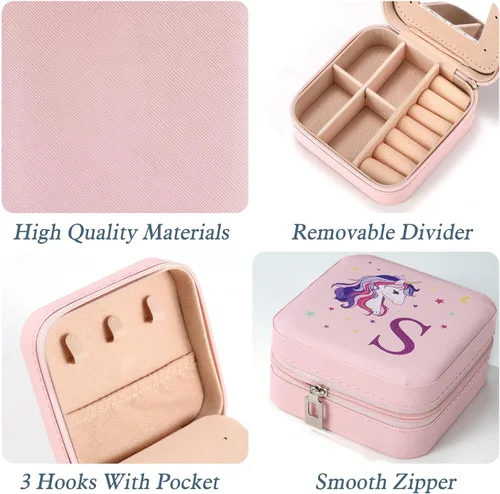 Vista 7 de Parima Organizador de joyas de viaje de unicornio - Pequeño joyero rosa con inicial para niñas y mujeres Regalo de cumpleaños personalizado Idea
