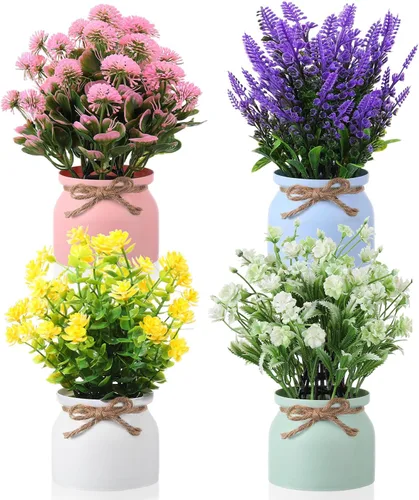 Vista 9 de Cindeer 4 piezas de flores artificiales grandes en maceta, flores artificiales de plástico para decoración del hogar, plantas artificiales