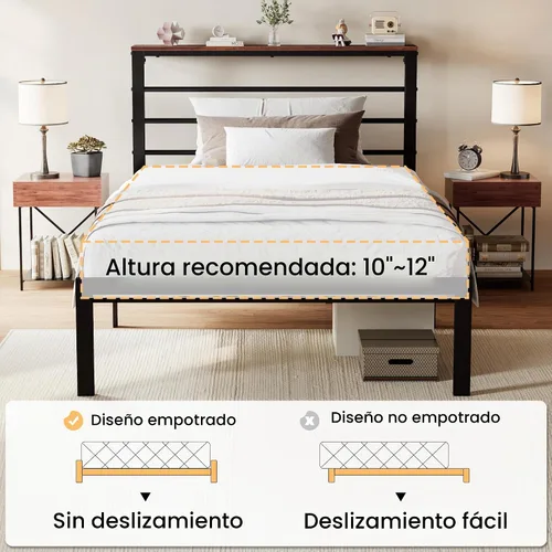 Vista 7 de SHA CERLIN Marco de cama tamaño twin con estante de cabecera y base de metal resistente, no necesita somier, marrón