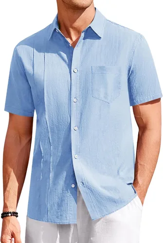 Vista 8 de Ryannology Camisas guayabera de lino de manga corta con botones para hombre, estilo casual, playa, campamento cubano, camisa mexicana para hombre
