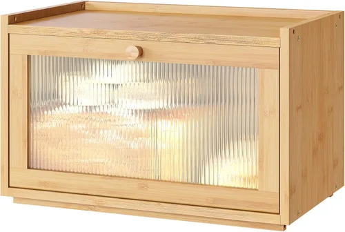 Vista 9 de kiplant Panera grande para encimera de cocina, contenedor de almacenamiento de pan de bambú negro con puerta transparente de arcílica ondulada, caja