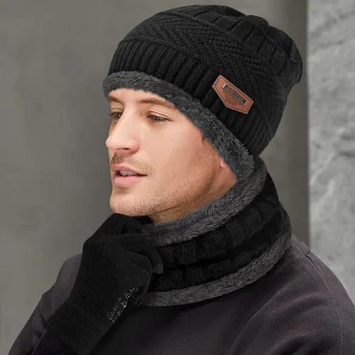 Vista 4 de Loritta Winter Hats for Men, 3 PCS Fleece Beanie Scarf Gloves Set A-Negro