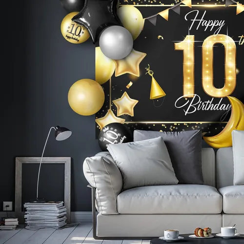 Vista 7 de Juego de globos dorados de feliz cumpleaños número 10 – Saludos a los 10 años de edad, guirnalda temática de fiesta con estrellas y luna, decoración
