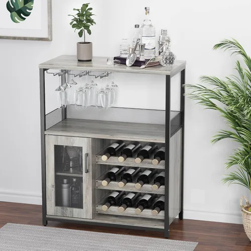 Vista 3 de Amyove Armario para bar de vinos con estante de vino desmontable, estante de bar con soporte para vidrio, aparador pequeño y gabinete de buffet