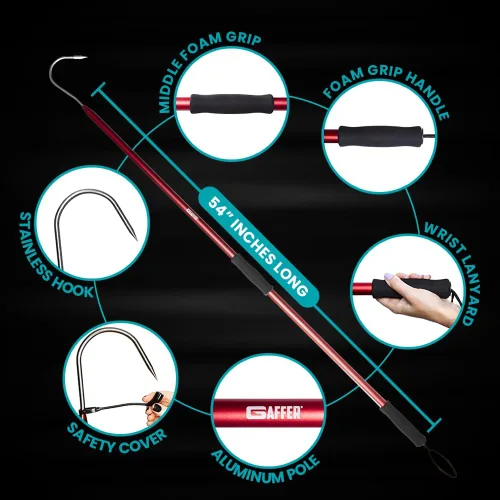 Vista 8 de GAFFER SPORTFISHING Aluminum Fish Gaff Hook Lightweight Fishing Pole with Sharp Stainless Steel Spear Hook Ergonomic Foam Grips, Secure Lanyard