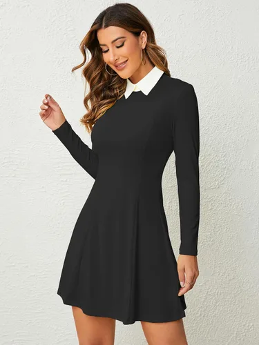 Vista 4 de Vestido de manga larga para mujer, con cuello Peter Pan, ajuste y acampanado para el miércoles Addam