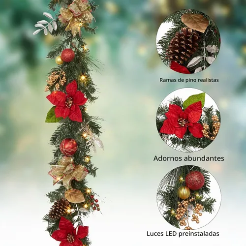Vista 4 de Guirnalda de Navidad de 6 pies con luces, guirnalda artificial preiluminada de Navidad con conos de pino y flor de pascua, guirnalda de Navidad Oro