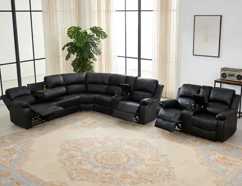 Vista 28 de Juego de sofá seccional reclinable manual, juegos de muebles de sala de estar, sofá seccional en forma de L y 2 sillas, cómodo sofá reclinable