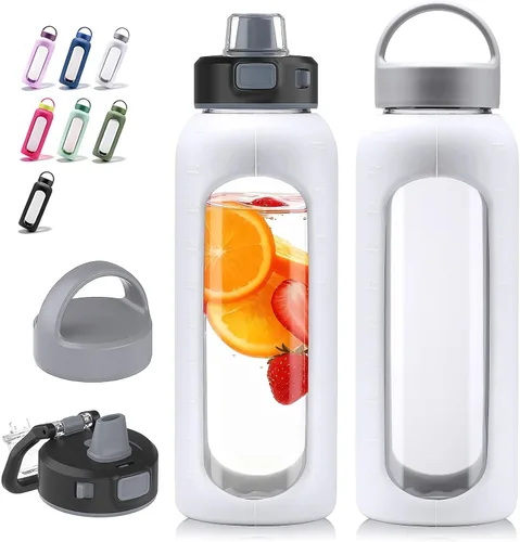 Vista 12 de Kodrine - Botella de agua de vidrio de 20 onzas con popote y 2 tapas para fácil transporte, con asa, funda de silicona y marcador de tiempo, botella