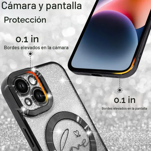 Vista 2 de ZIYE Funda Magnética Diseñada para iPhone 14 Funda con Purpurina Plateado de Lujo Corazón de Amor Compatible con MagSafe Funda Transparente con Negro