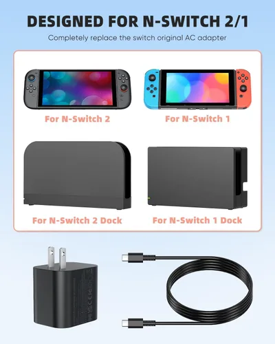 Vista 2 de Cargador Switch 2 Adaptador de corriente de CA de 60 W para Nintendo 21 con cable de 5 pies de largo, compatible con base de TV 4K, fuente de carga