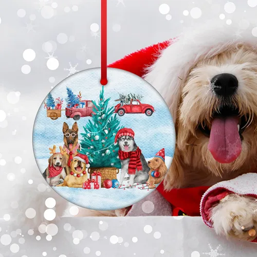 Vista 3 de Adorno de Navidad de familia de cinco, adorno de Beagle, adorno de Navidad de pastor alemán, adorno colgante de perdiguero dorado, adorno