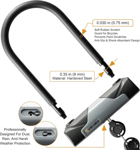 Vista 3 de Cerrojo en U para bicicleta con cable Via Velo, cerradura en U resistente antirrobo para bicicleta con cable de acero trenzado de 8 mm y 3 llaves
