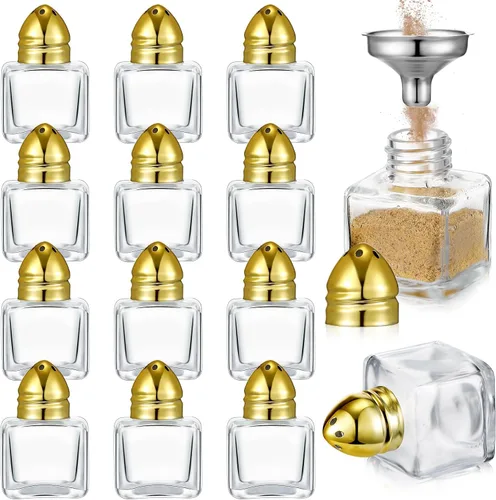 Vista 7 de Uiifan 12 piezas 0.5 oz pequeños saleros y pimenteros de forma cúbica con tapas tonalizadas, frascos de condimento de vidrio transparente mini