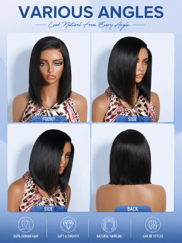 Vista 4 de Nadula Peluca de cabello humano con encaje frontal de 6 x 4 pulgadas, con cordón de longitud de barbilla, corte romo, peluca recta estilo Bob 1b
