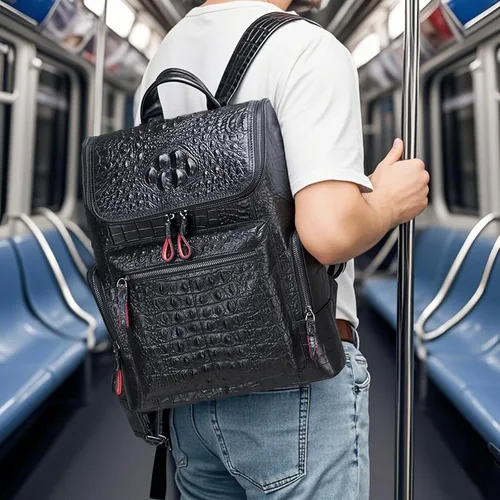 Vista 6 de boshiho Mochila de cuero real para computadora portátil, bolsa de viaje de moda, mochila para hombres, patrón de cocodrilo (S)