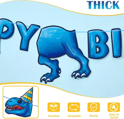 Vista 3 de WERNNSAI Cartel de fiesta de feliz cumpleaños – Cartel de cumpleaños de dinosaurio para decoración de fiesta de niños, suministros de decoración