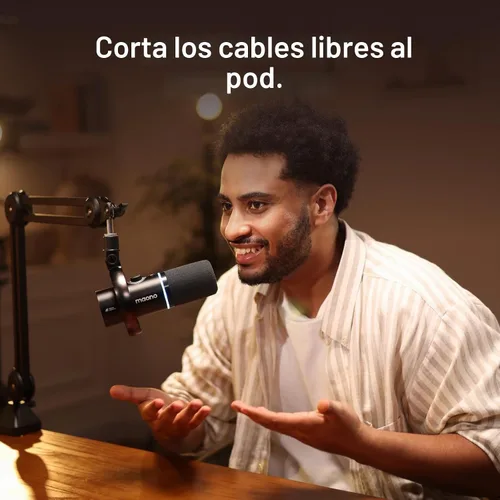Vista 2 de MAONO PD200W Micrófono inalámbrico híbrido para podcast para PC, micrófono dinámico XLR USB con soporte de escritorio (PD200W+receptor de cámara)