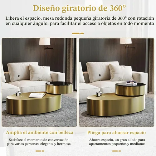 Vista 4 de Mesa auxiliar giratoria ovalada dorada, mesa central de lujo moderna de 2 niveles con parte superior redonda giratoria de 360°, mesa de té con base