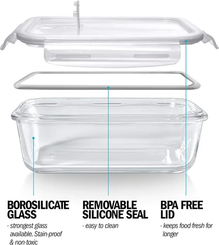 Vista 3 de Igluu Recipientes de vidrio para preparación de comidas con tapas de ventilación (paquete de 5) – 28 onzas (+Extra Lid) – Airtight & BPA-Free