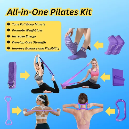 Vista 6 de Kit esencial de pilates para mujer, juego completo de entrenamiento en casa para tonificar, fuerza y flexibilidad, bandas de resistencia, anillo