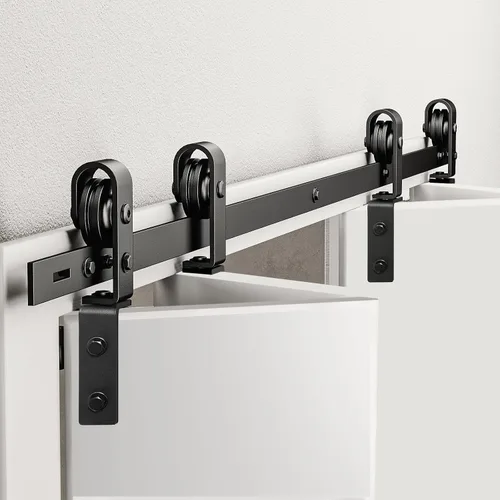 Vista 10 de Kit de herrajes para puerta de granero plegable de 52 pulgadas para 2 puertas, rodillo resistente montado en riel negro y en la parte superior, kit