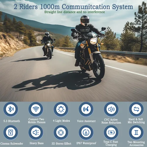 Vista 2 de Auriculares Bluetooth para casco de motocicleta con sonido estéreo, sistema de comunicación C50 de 2 vías de 1000 M, altavoces de intercomunicación
