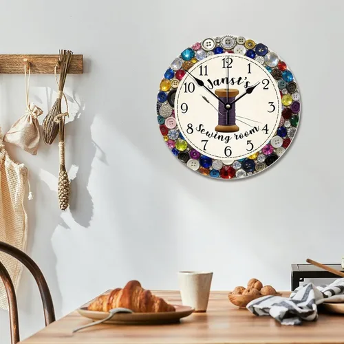 Vista 7 de ArogGeld Reloj de pared personalizado para sala de costura, botón de joya de color, 10 pulgadas, reloj de sala de manualidades, funciona