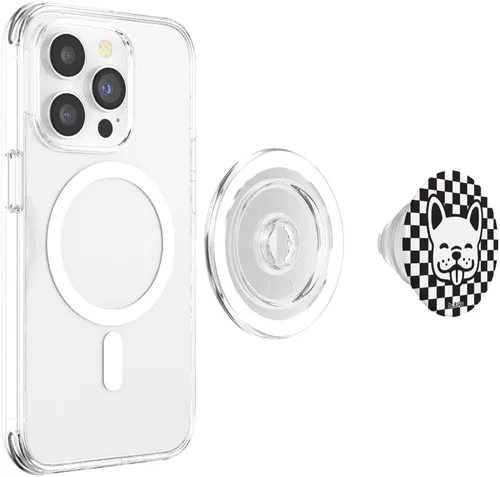 Vista 4 de PopSockets MagSafe PopGrip de cara sonriente a cuadros negros para iPhone