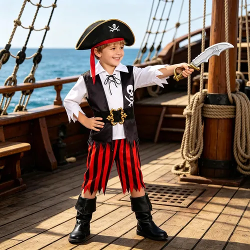 Vista 5 de Disfraz de pirata de Halloween para niños, disfraz de pirata con accesorios, regalos de fiesta de cumpleaños