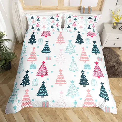 Vista 27 de Juego de ropa de cama de Feliz Navidad, funda de edredón azul con árbol de Navidad para niñas y niños, elegante funda de edredón de copo de nieve