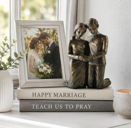 Vista 2 de Figura arrodillada de marido y esposa rezando, estatua de resina de 6.25 pulgadas, regalo religioso para parejas, decoración cristiana del hogar