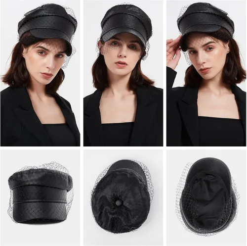 Vista 5 de Boina para mujer, de piel sintética, con velo, estilo casual, para panadero, capitán Newsboy-negro