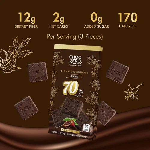 Vista 3 de ChocZero™ Chocolate sin azúcar, sin azúcares alcohólicos y sin endulzantes artificiales, todo natural, bajo en carbohidratos – 6 bolsas 70%