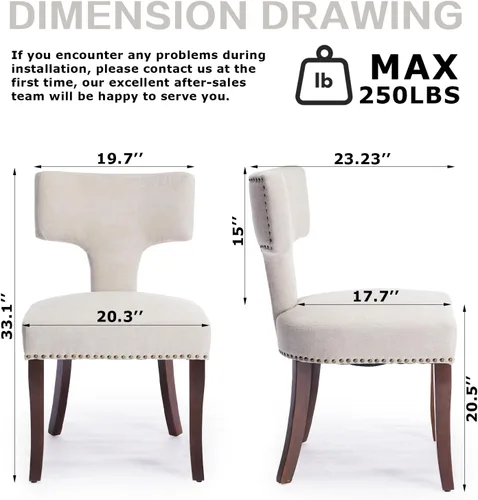 Vista 2 de SoarFlash Juego de 2 sillas de comedor modernas de madera, silla tapizada de tela de lino de granja, respaldo curvado con clavos de cobre alrededor