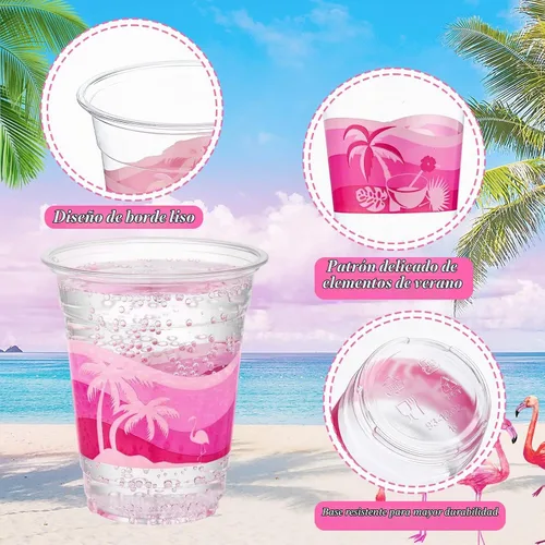 Vista 3 de Rtteri 100 vasos Luau de 12 onzas, vasos de plástico hawaiano tropical para fiesta, a granel, vasos desechables de palmera de coco y coco