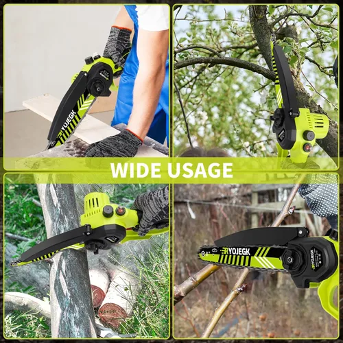 Vista 7 de RYOJEGK Mini motosierra inalámbrica de 6 y 8 pulgadas, instalación sin herramientas, pequeña motosierra de mano con 4 guías y cadena, Motosierra