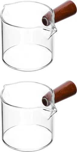 Vista 8 de QWORK Vaso de leche de medición de doble boquilla, paquete de 2 vasos de chupito de espresso de 2.5 fl oz con mango de madera, jarra triple