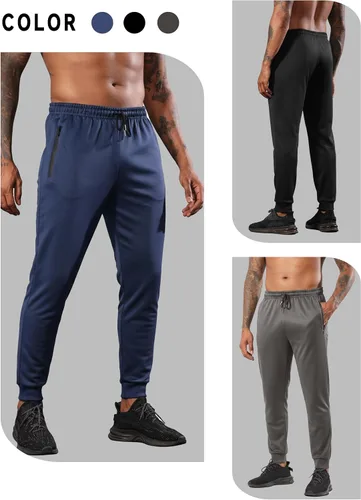 Vista 3 de RPOVIG Pantalones deportivos para hombre, paquete de 3 bolsillos con cremallera, pantalones deportivos para hombre, ropa de entrenamiento atlético