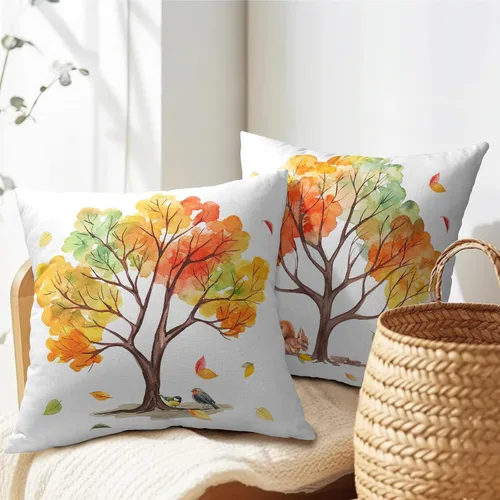 Vista 5 de Fundas de almohada de otoño de 18 x 18 pulgadas, fundas de almohada de otoño de lino y algodón, juego de 2 fundas de almohada de árboles coloridos