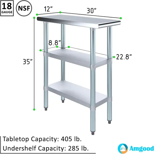 Vista 3 de Mesa de trabajo de acero inoxidable con 2 estantes Mesa de utilidad de metal Utilidad comercial y residencial NSF
