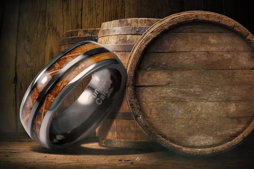 Vista 2 de 100S JEWELRY Anillos de tungsteno gris plomizo para hombre, barril de whisky, incrustaciones de madera de grano de madera, anillo de compromiso