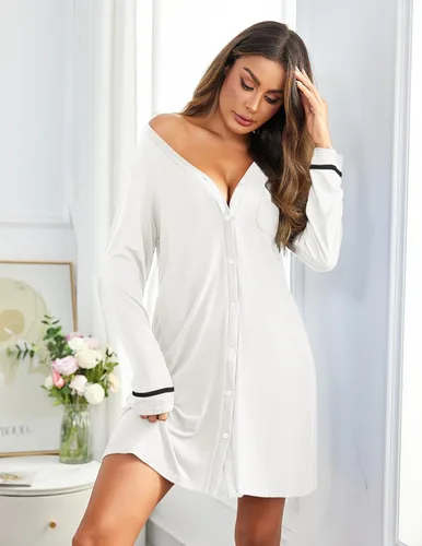 Vista 2 de Ekouaer Camisón largo con cuello en V para mujer, camisón con botones