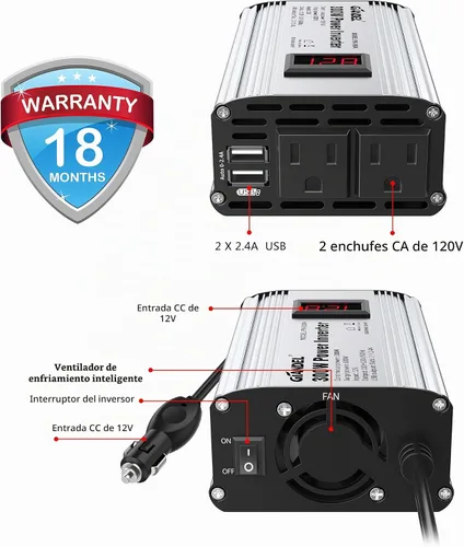 Vista 5 de Inversor de corriente de 300 W DC 12 V a 110 V AC inversor de coche con adaptador de coche USB dual 4.8A con pantalla LED