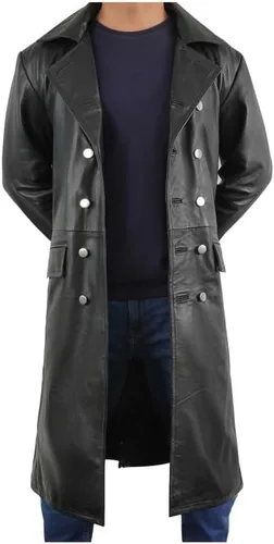Vista 3 de LP-FACON Gabardina de cuero para hombre, estilo vintage, alemán, clásica, de la Segunda Guerra Mundial,