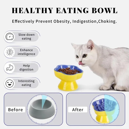 Vista 3 de S&Q's CERAMICS Cuenco elevado de alimentación lenta para gatos, cuenco de cerámica elevado e inclinado para comida para mascotas, comedero lento Azul