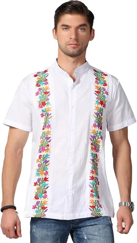 Vista 2 de Camisas mexicanas para hombre, camisas de vestir tradicionales de guayabera para hombre, con botones, cuello de banda, camisa de vestir para fiesta