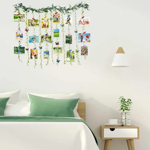 Vista 2 de Expositor de fotos para colgar en la pared con clip, juego de collage de marcos de fotos de hojas de árbol de vid artificiales con 40 clips y 8