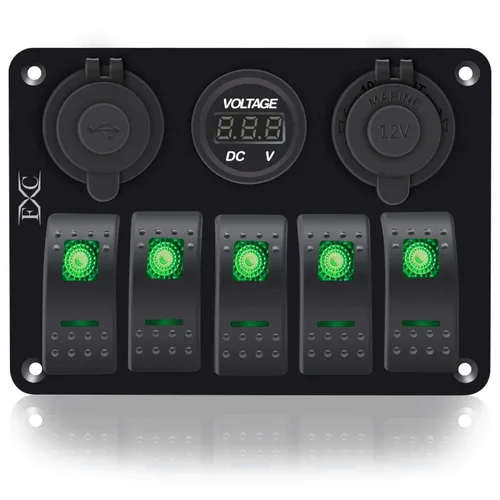 Vista 2 de FXC Interruptor basculante de 5 segmentos con doble ranura USB de 5 V 3.1 A + medidor de voltios + encendedor de cigarrillos para lanchas marinas